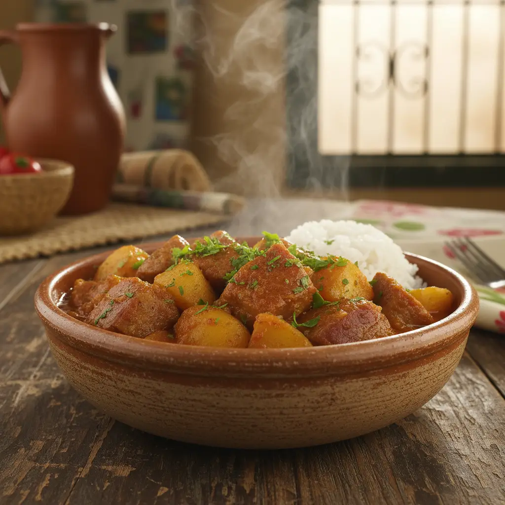 Plato servido de Carne de Puerco con Papas y arroz blanco