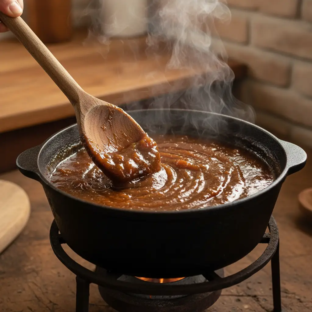 Cocinando dulce de plátano hasta espesar en una olla rústica.