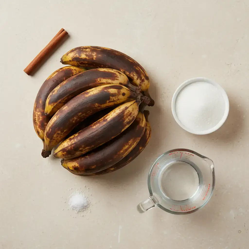 Ingredientes frescos para dulce de plátano: plátanos maduros, azúcar, canela.