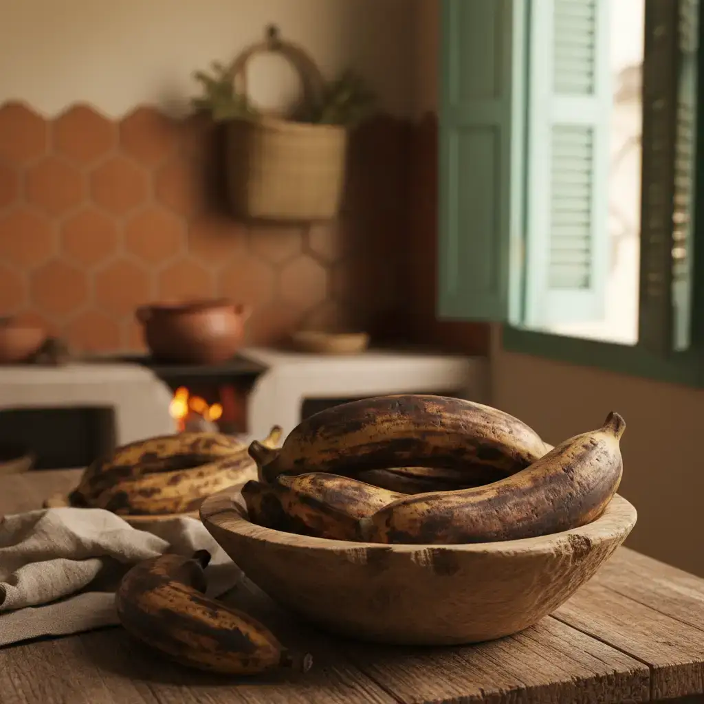 Plátanos maduros en un cuenco rústico, evocando la tradición cubana.