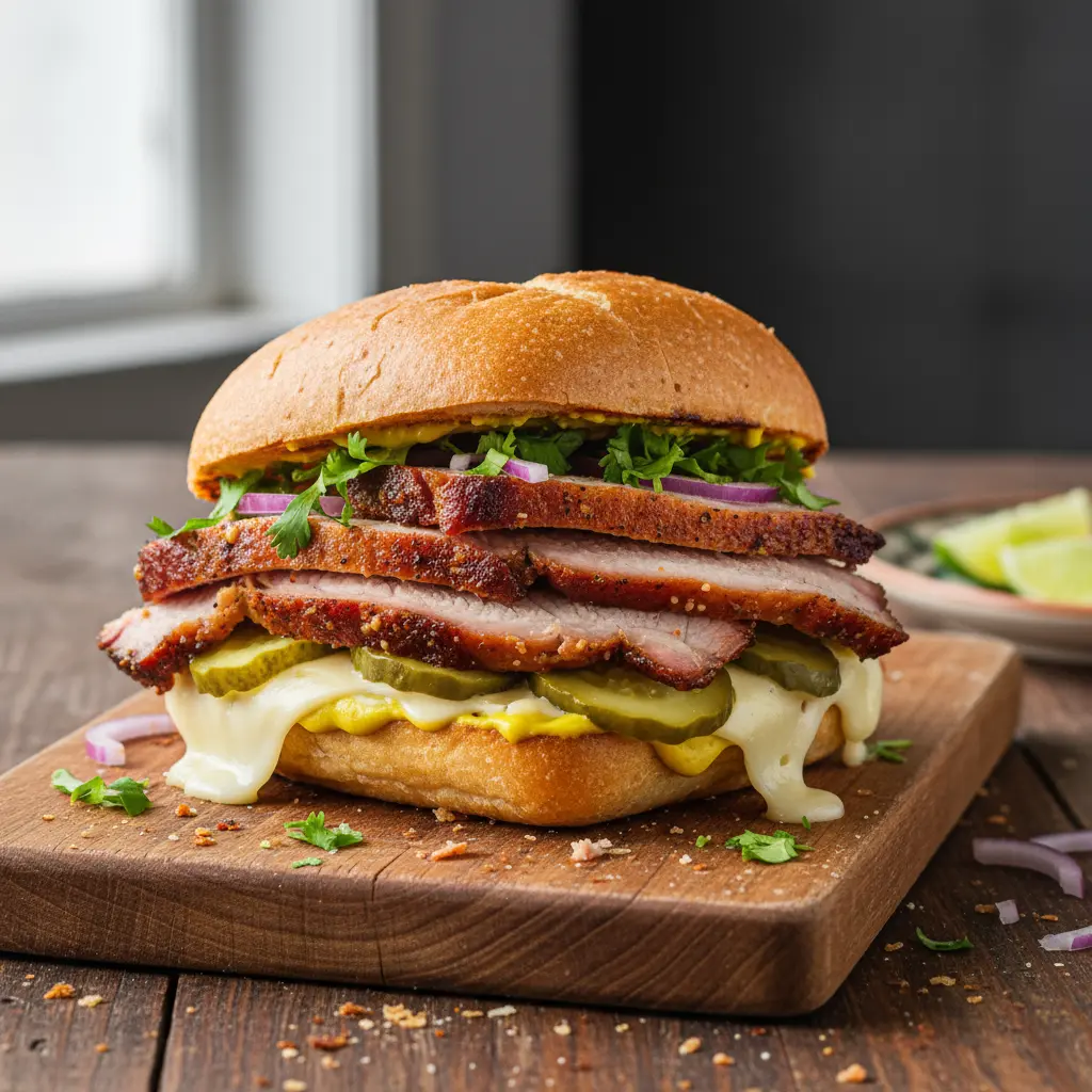Pan con lechón cubano recién hecho, jugoso y crujiente.