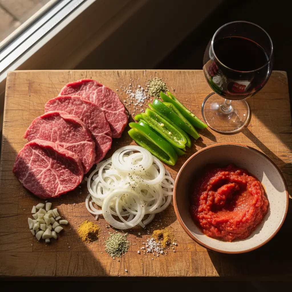 Pan con Bistec de Res Cubano: Ingredientes Frescos Ingredientes crudos para pan con bistec de res cubano: carne, cebolla, pimiento, ajo, tomate, vino y especias.