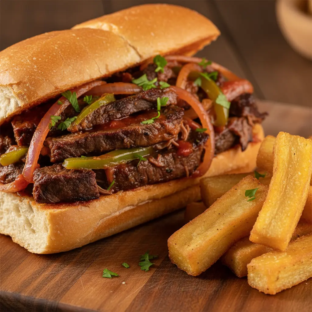 Auténtico Pan con Bistec Cubano Pan con bistec de res cubano con yuca frita, relleno jugoso.