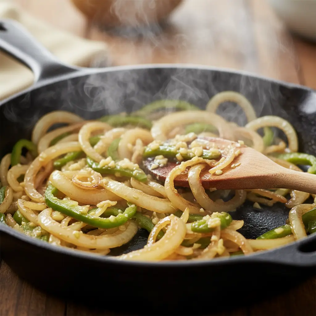 Sofrito cubano: cebolla, pimiento y ajo Sofrito cubano: cebolla, pimiento verde y ajo en sartén de hierro fundido, caramelizados.