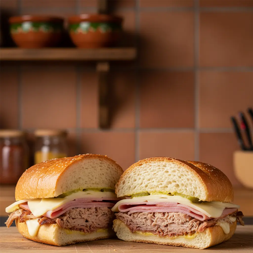 Medianoche cubano con cerdo asado, jamón y queso suizo derretido.