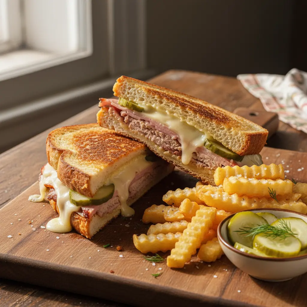 Sándwich cubano medianoche dorado con queso derretido, papas fritas crujientes y pepinillos.