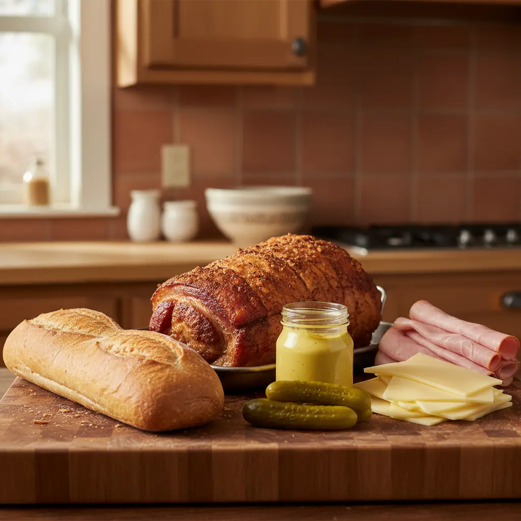 Ingredientes de sándwich cubano: cerdo asado, jamón, queso suizo, pepinillos, mostaza, pan cubano.