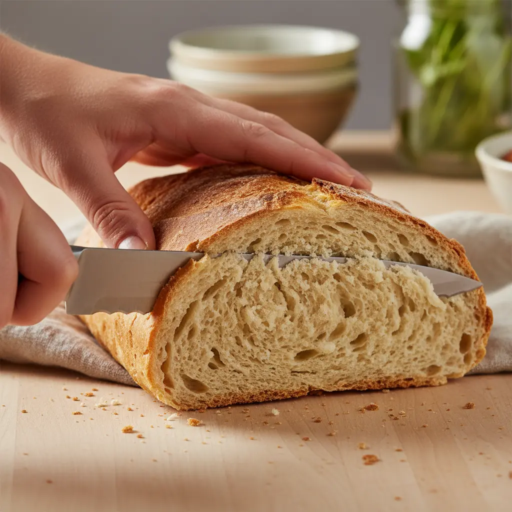 Pan cubano dorado cortándose horizontalmente con cuchillo serrado, mostrando interior aireado.