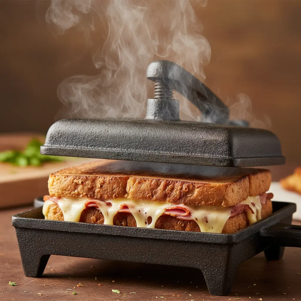 Sándwich cubano dorado y aplastado, queso suizo fundido, vapor subiendo en plancha.