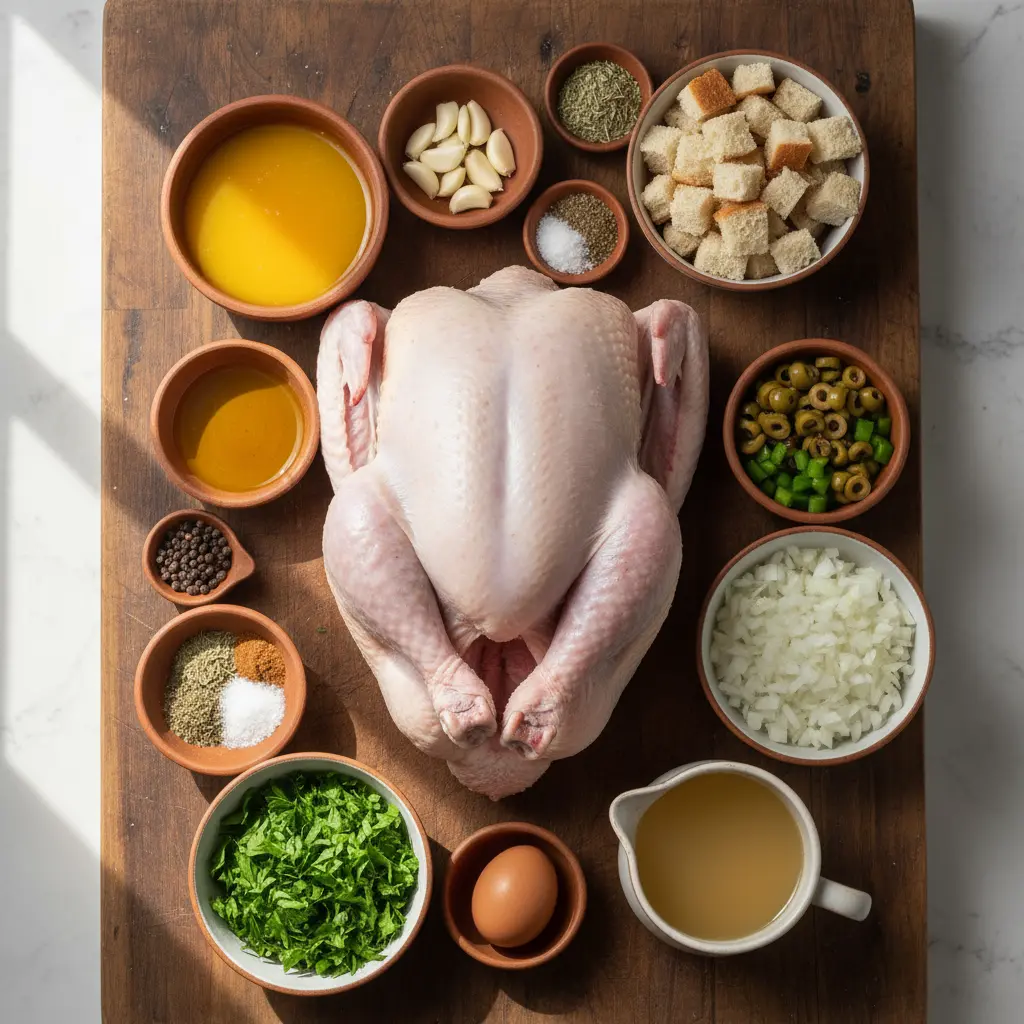 Ingredientes Pavo Relleno Cubano Fresco Pavo crudo y relleno cubano fresco, ingredientes en tabla de madera rústica. Vista aérea.