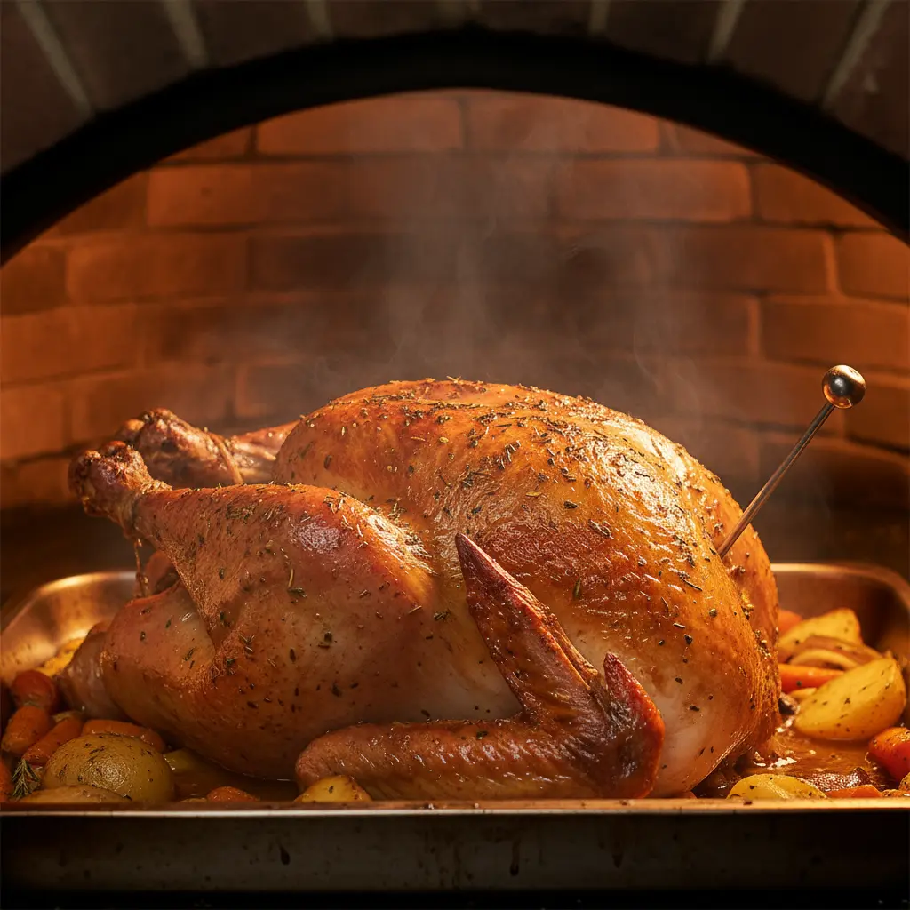 Pavo relleno asado: dorado y crujiente Pavo relleno dorado y jugoso asándose en horno tradicional, con vapor y termómetro.