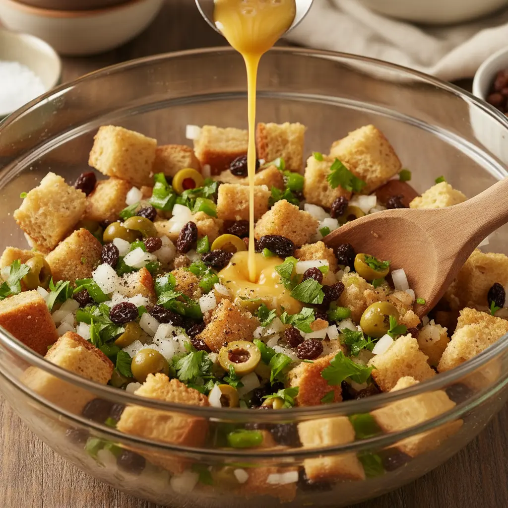 Relleno de pavo cubano: ingredientes y preparación Preparación de relleno para pavo cubano: pan, cebolla, pimientos, aceitunas, pasas, perejil, huevo y especias.