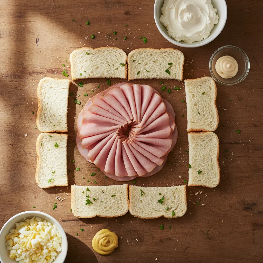 Ingredientes frescos para rolls cubanos: jamón, pan, queso crema, huevo y perejil.
