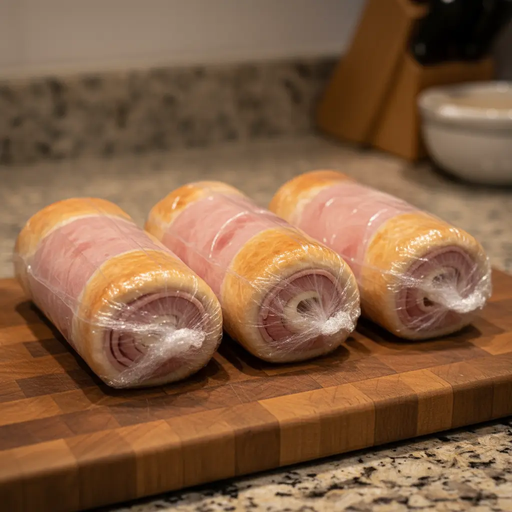 Tres bocaditos cubanos de jamón envueltos individualmente en plástico, sobre tabla de madera.