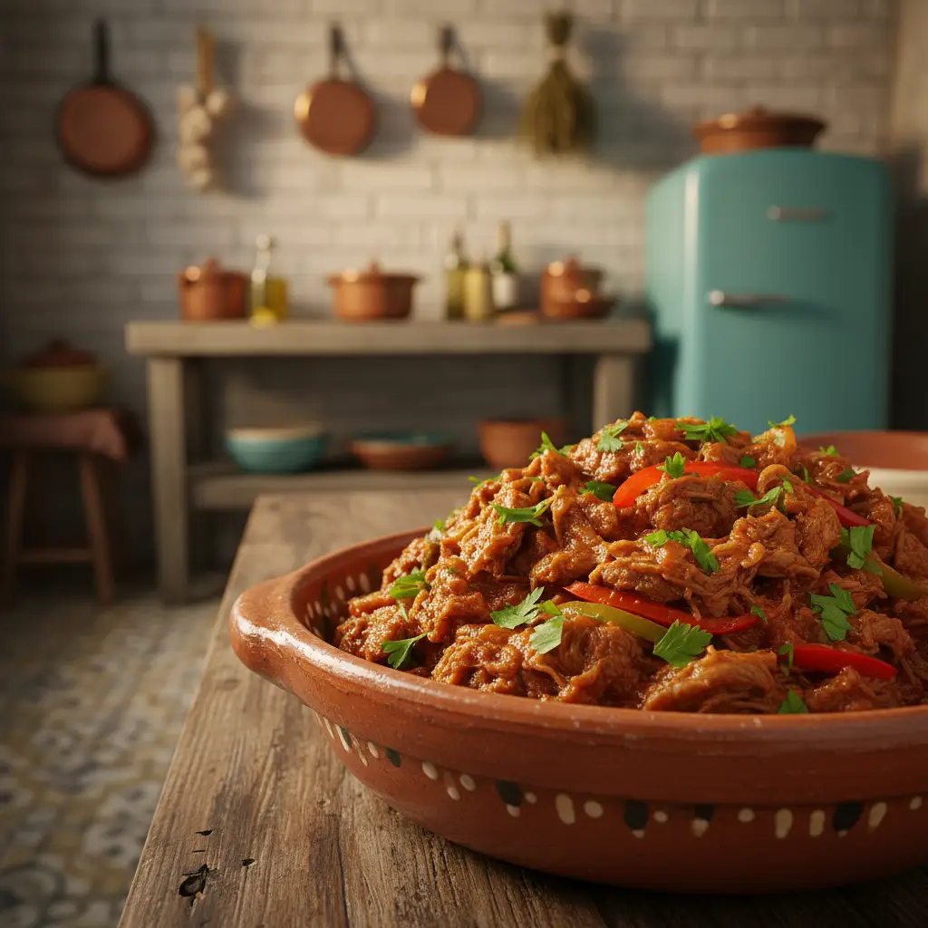 Plato de Ropa Vieja auténtica cubana servido en un cuenco tradicional.