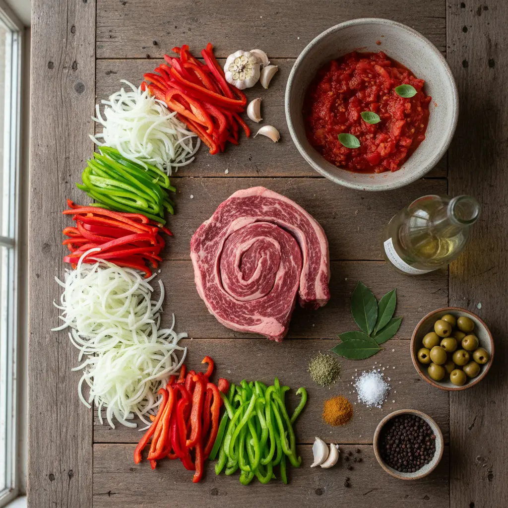 Ingredientes frescos para Ropa Vieja cubana: carne, verduras, especias.