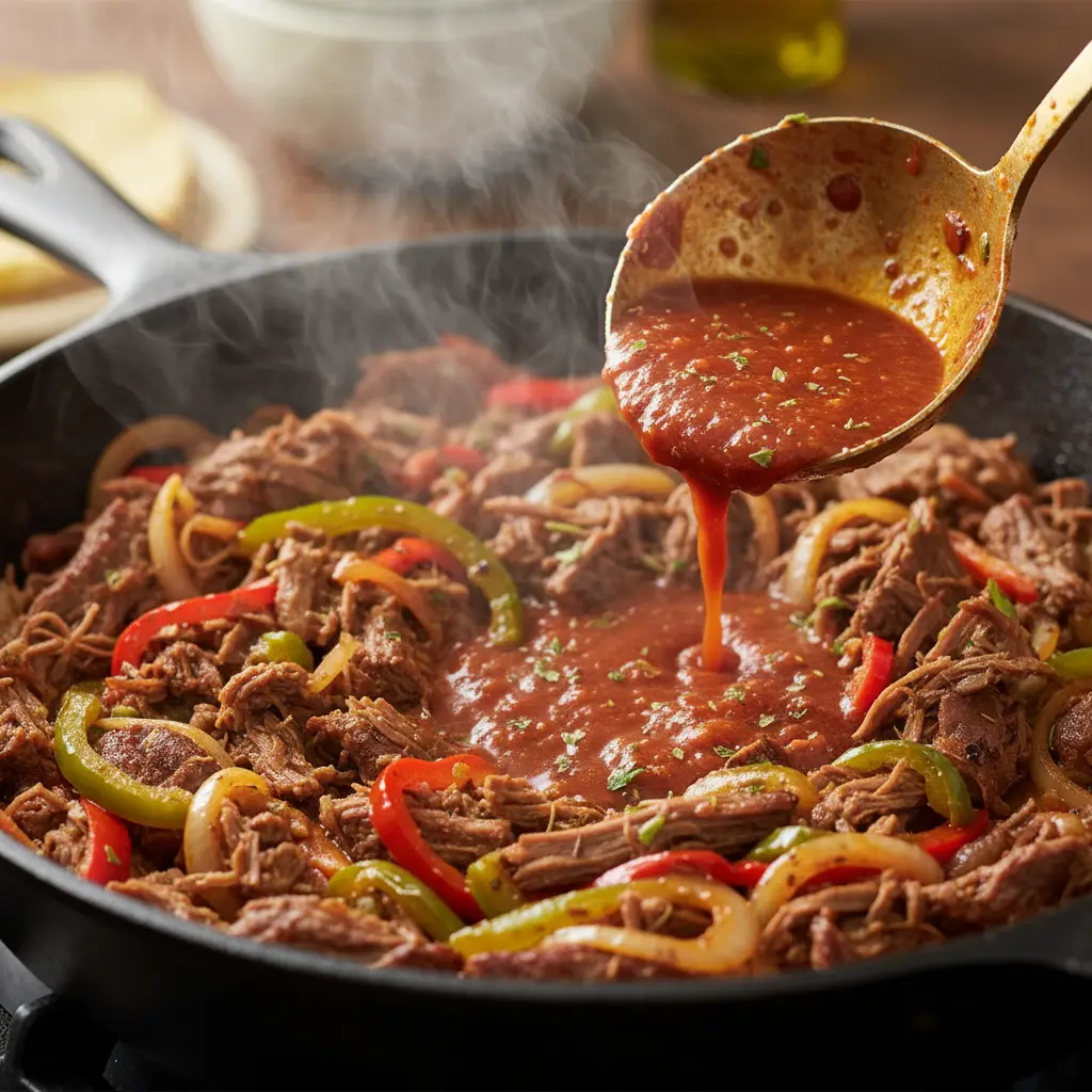 Proceso de cocción de Ropa Vieja: carne deshebrada con sofrito y salsa.