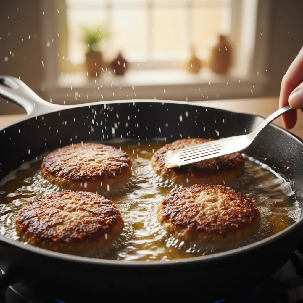 Fritas cubanas dorándose en aceite caliente, con espátula lista para voltear.