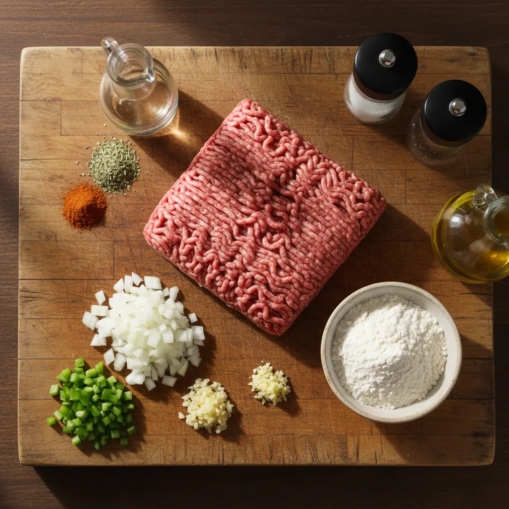 Ingredientes crudos para frita cubana: carne picada, cebolla, ajo, pimiento, especias.