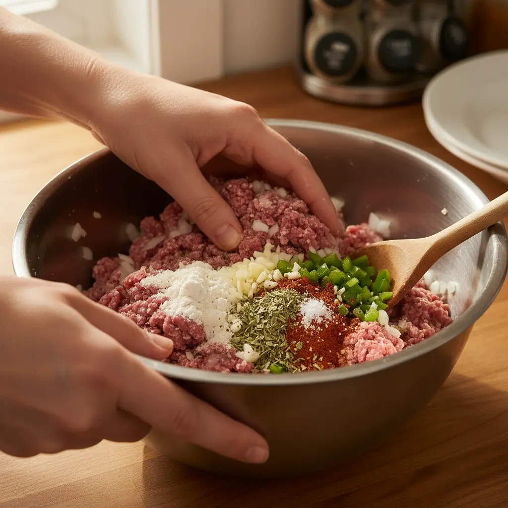 Manos mezclando carne molida sazonada, cebolla, ajo, pimiento verde, especias en bol.