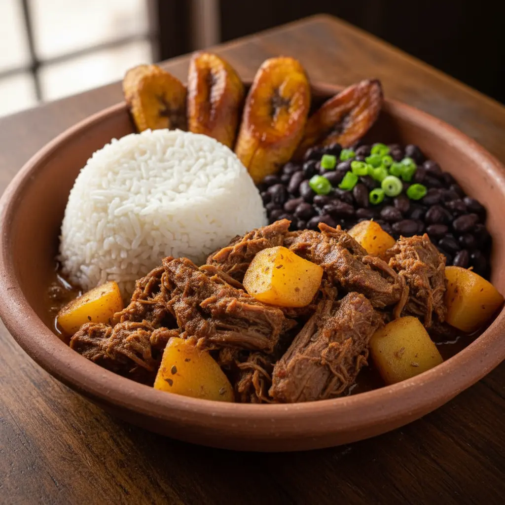 Carne con Papas cubana rústica en cuenco de barro, con arroz blanco y frijoles negros.
