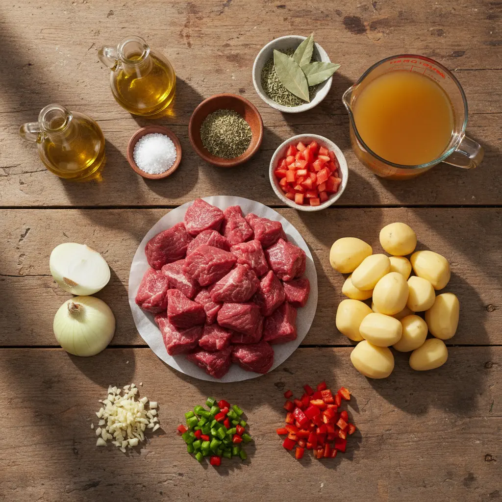 Ingredientes crudos para carne con papas cubana: res, papas, cebolla, pimiento, tomate y especias.