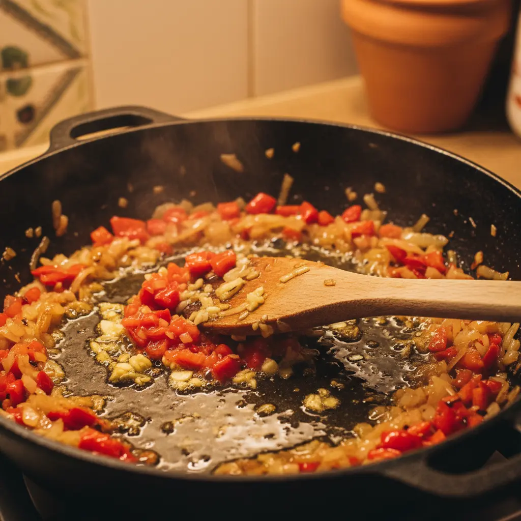 Sofrito cubano en caldero: cebolla dorada, pimiento rojo, ajo y tomate burbujeando en aceite de oliva.