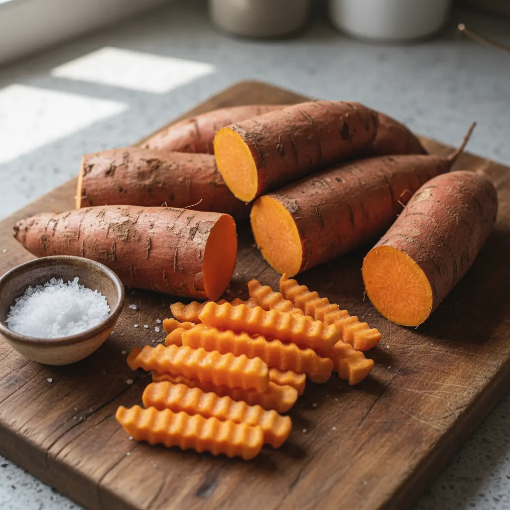 Boniato crudo en tabla rústica, entero y en bastones, con sal marina. Luz natural.