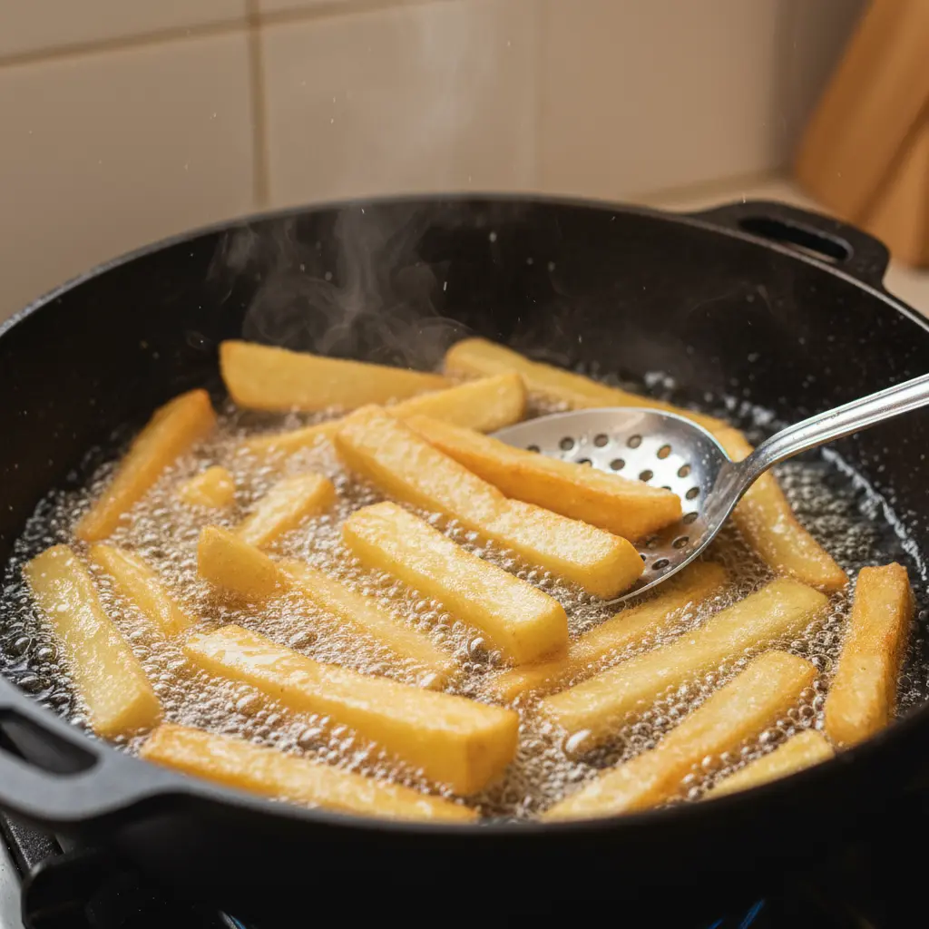 Boniato frito dorado y crujiente en caldero cubano, con cuchara metálica y vapor.
