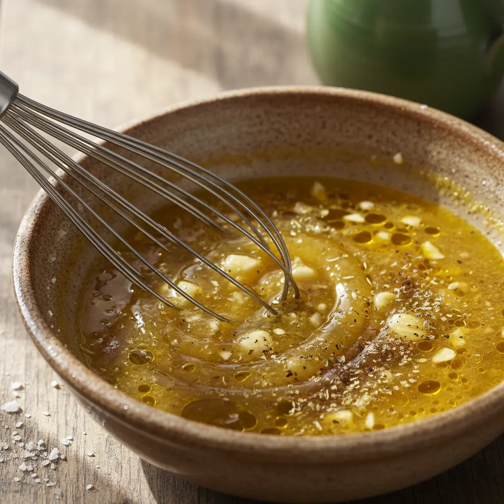 Fotografía de salsa mojo cubana con ajo, aceite, cítricos y especias, siendo batida.