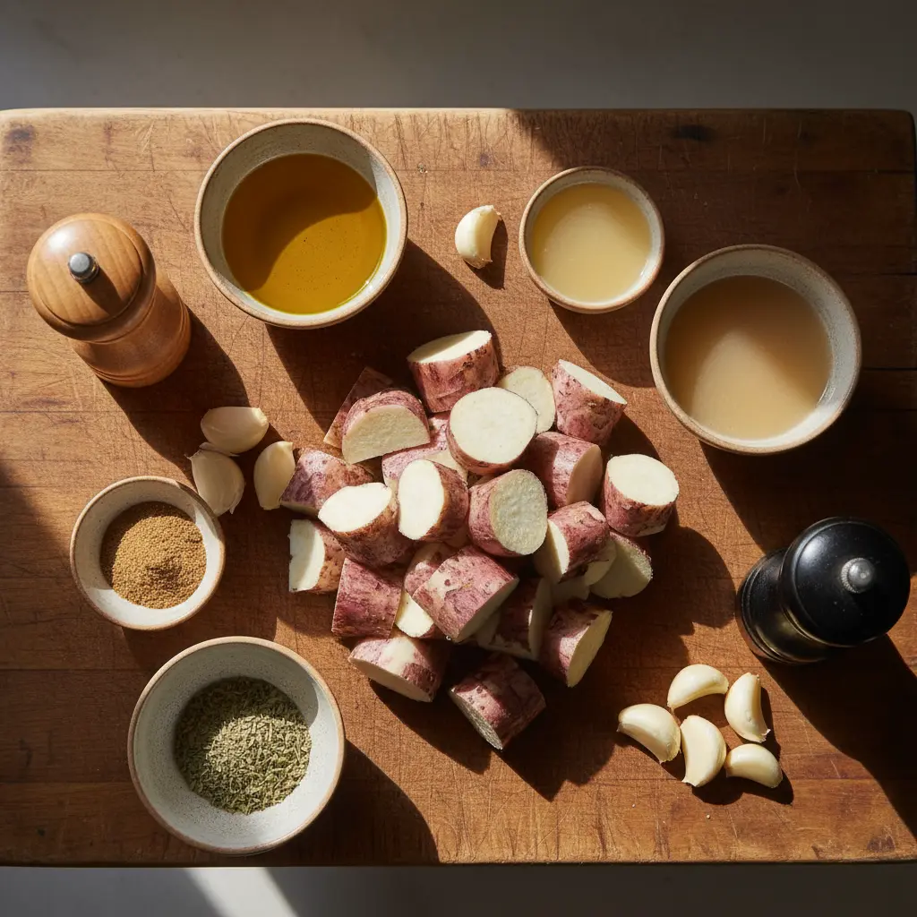 Ingredientes frescos para malanga con mojo cubano: malanga, ajo, aceite, cítricos y especias.