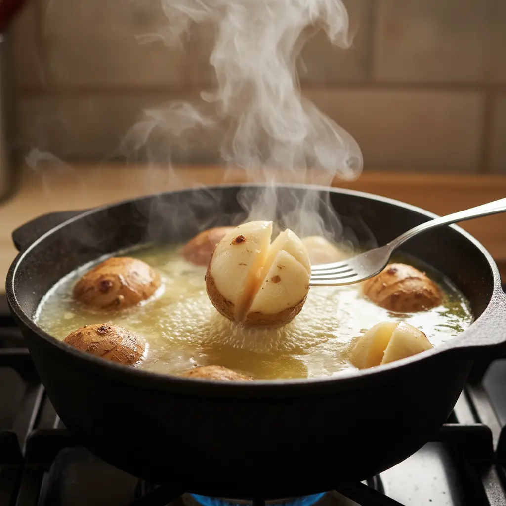 Malanga hirviendo en caldero cubano, tenedor prueba ternura. Vapor y luz cálida.