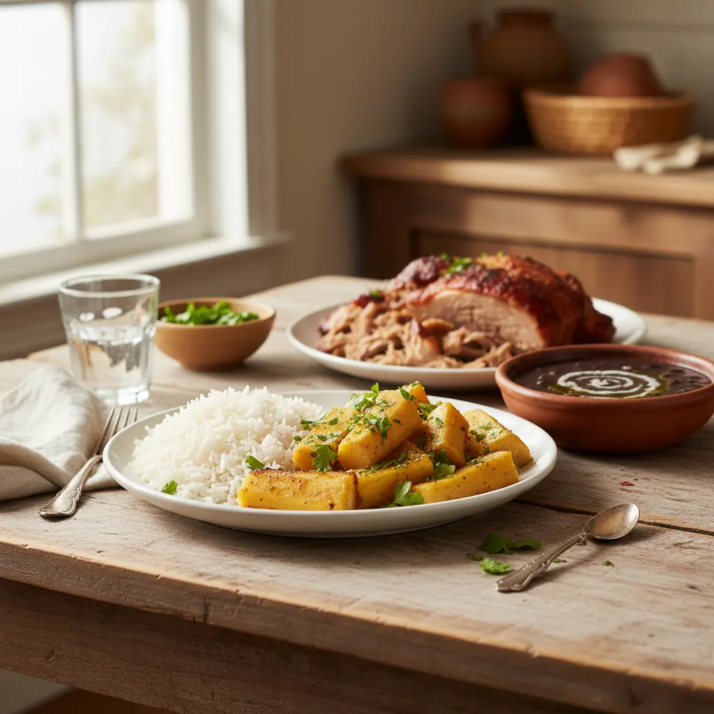 Auténtica comida cubana: Yuca, arroz, frijoles y cerdo Plato cubano: yuca con mojo, arroz blanco, frijoles negros y cerdo asado.