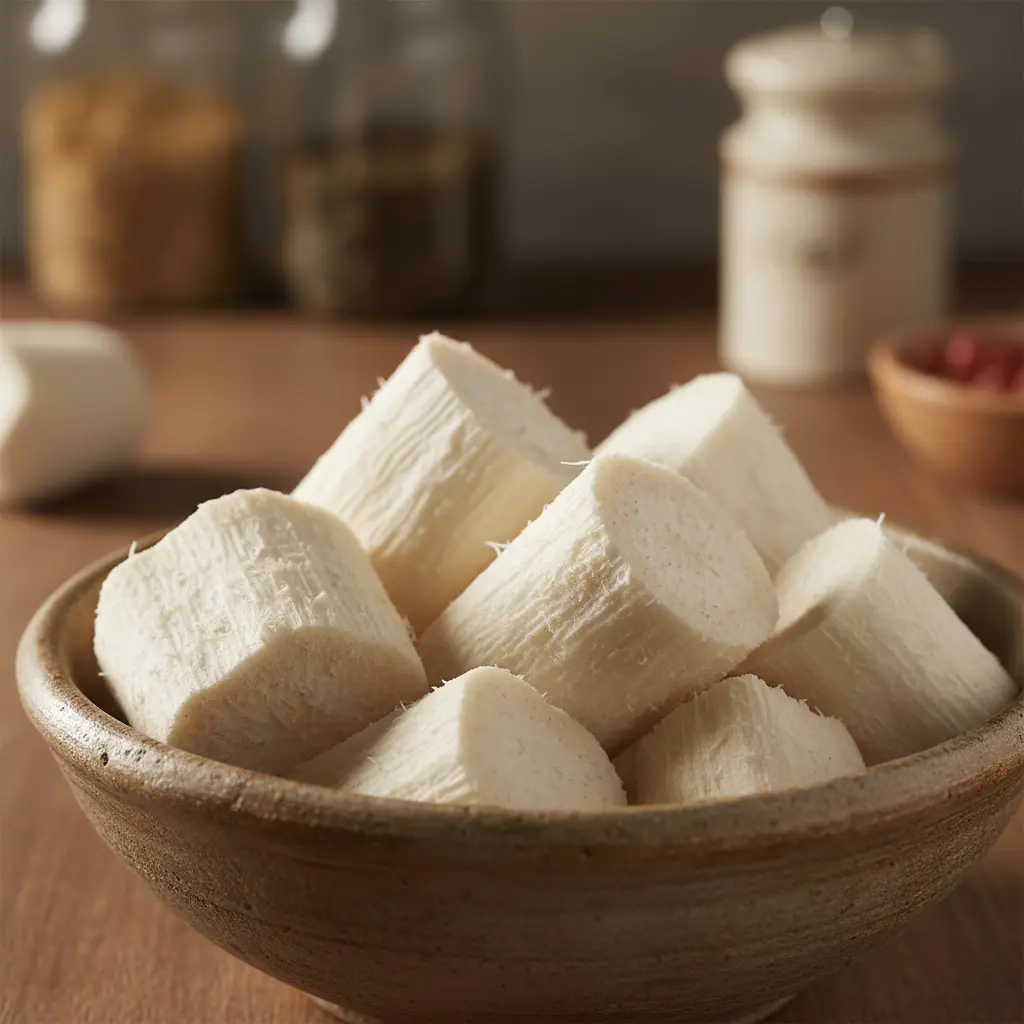 Yuca fresca cortada en bol rústico Trozo de yuca pelada y cortada en bol rústico, textura almidonada y carne blanca.