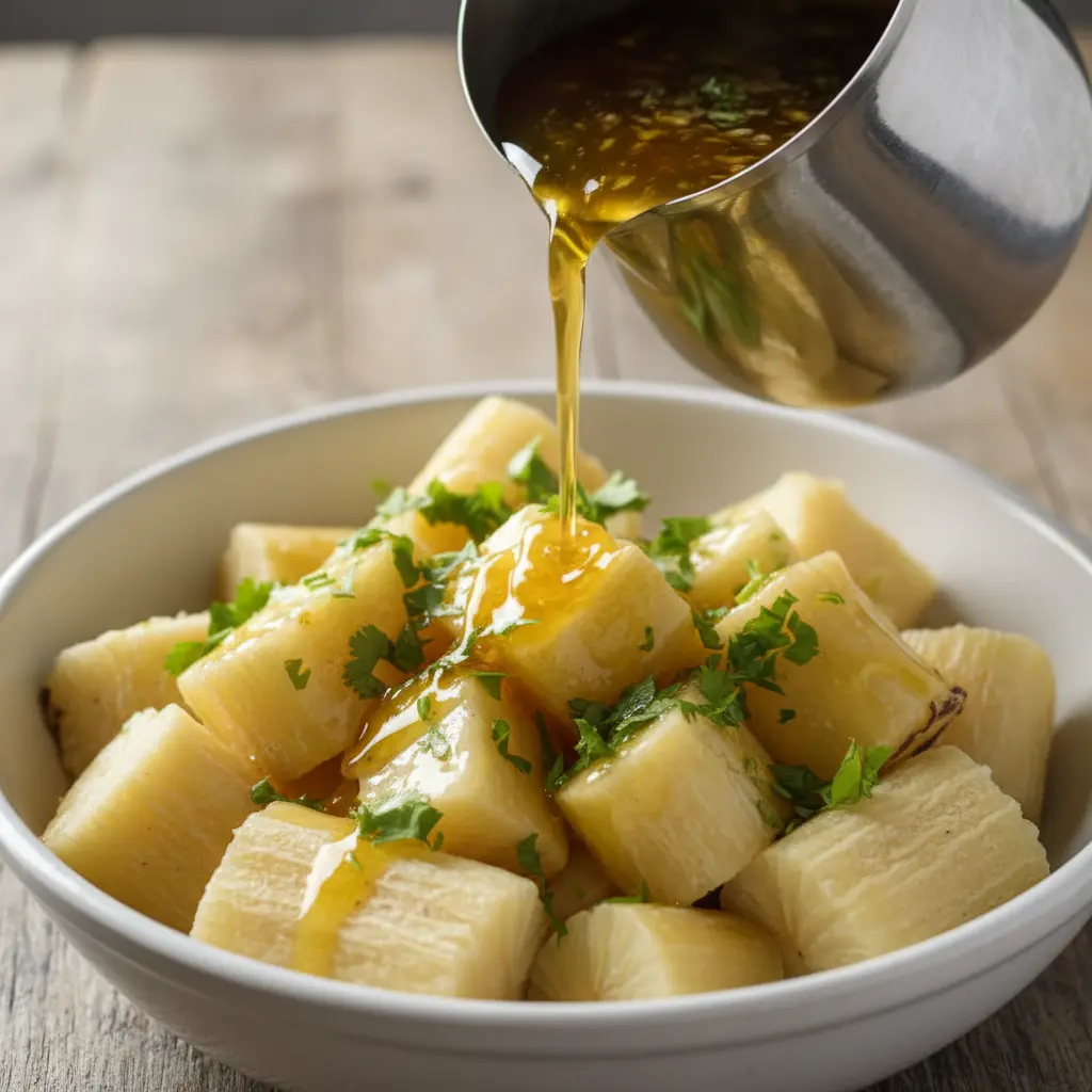 Yuca con Mojo Cubano: Preparación Deliciosa Yuca con mojo cubano: vertiendo aceite de ajo y cítricos sobre yuca en bol.