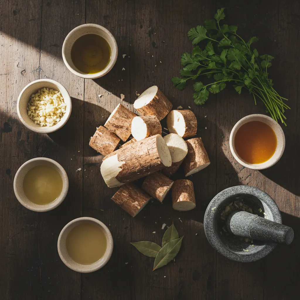 Yuca con Mojo: Ingredientes Frescos Cubanos Yuca fresca con mojo: yuca, ajo, aceite, limón, naranja agria, cilantro, laurel, mortero.