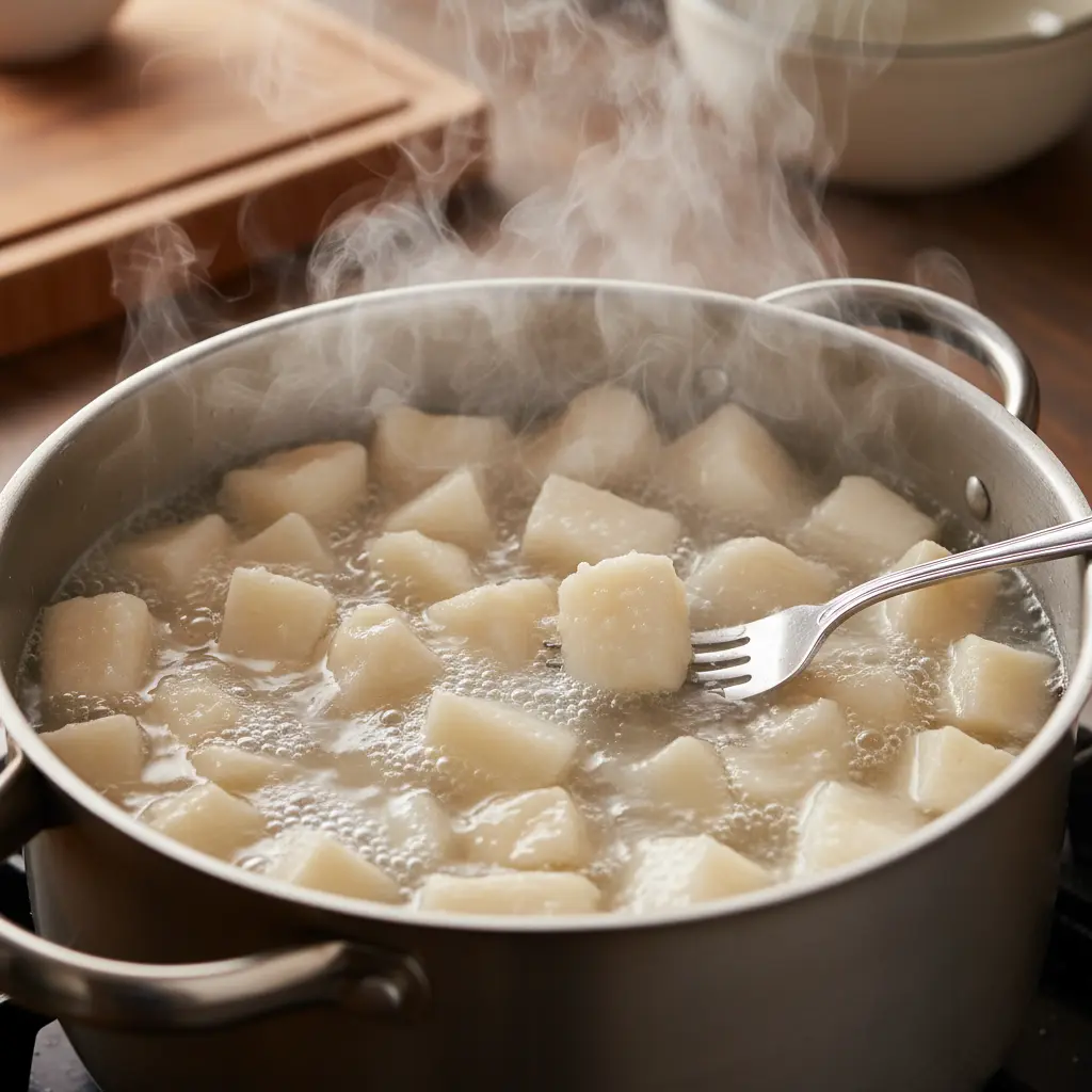 Ñame hirviendo: ¡delicioso y tierno! Ñame cocido en agua salada, tenaz y humeante, listo para comer.