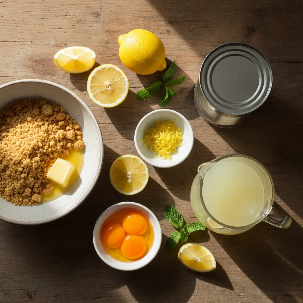 Ingredientes para pie de limón cubano: migas de galleta, mantequilla, leche condensada, limón, yemas.