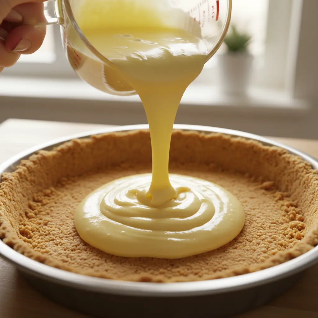Mano vierte relleno cremoso de limón en base de galleta para pastel.