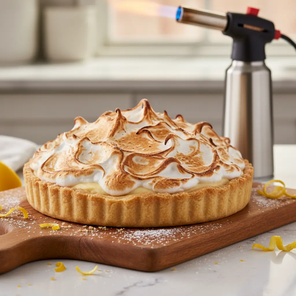 Merengue dorado y tostado sobre pastel de limón frío, con picos definidos. Foto de cocina.