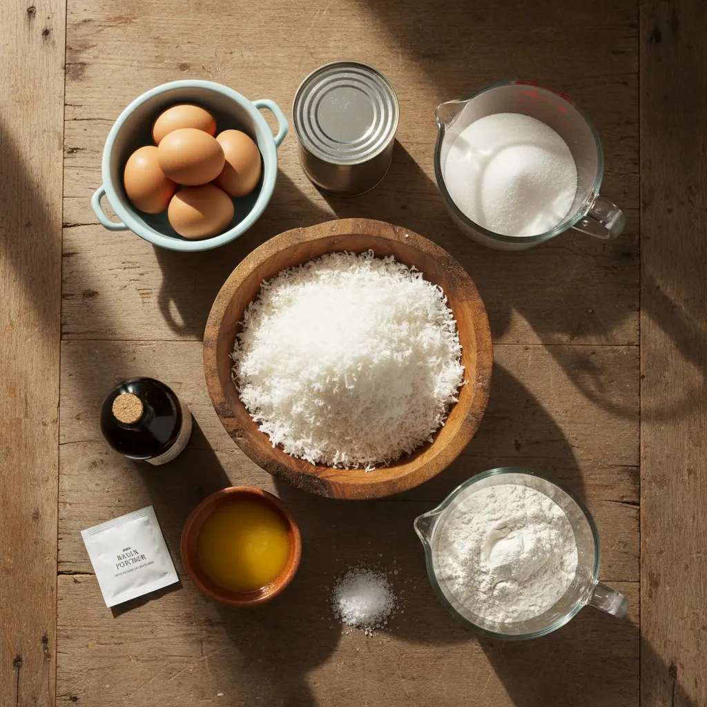 Ingredientes para pastel de coco cubano: coco rallado, huevos, leche de coco, azúcar, mantequilla, harina, levadura, vainilla.