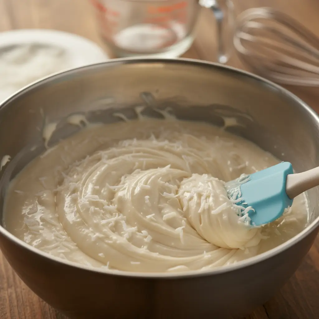 Masa cremosa de pastel de coco cubano con coco rallado en bol, vista de cerca.