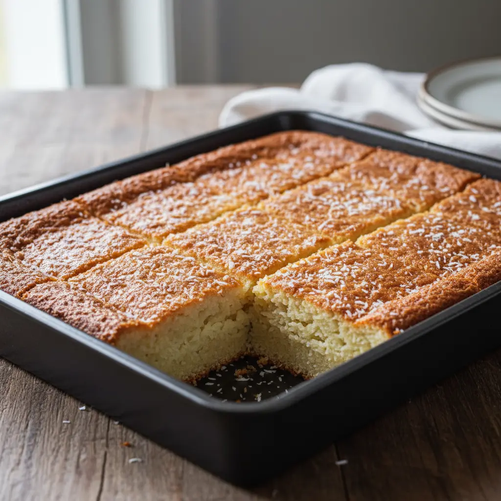 Pastel de coco cubano recién horneado, dorado y con coco rallado.