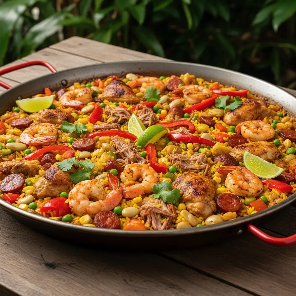 Vista aérea de una paella cubana dorada con pollo, cerdo, gambas y verduras.