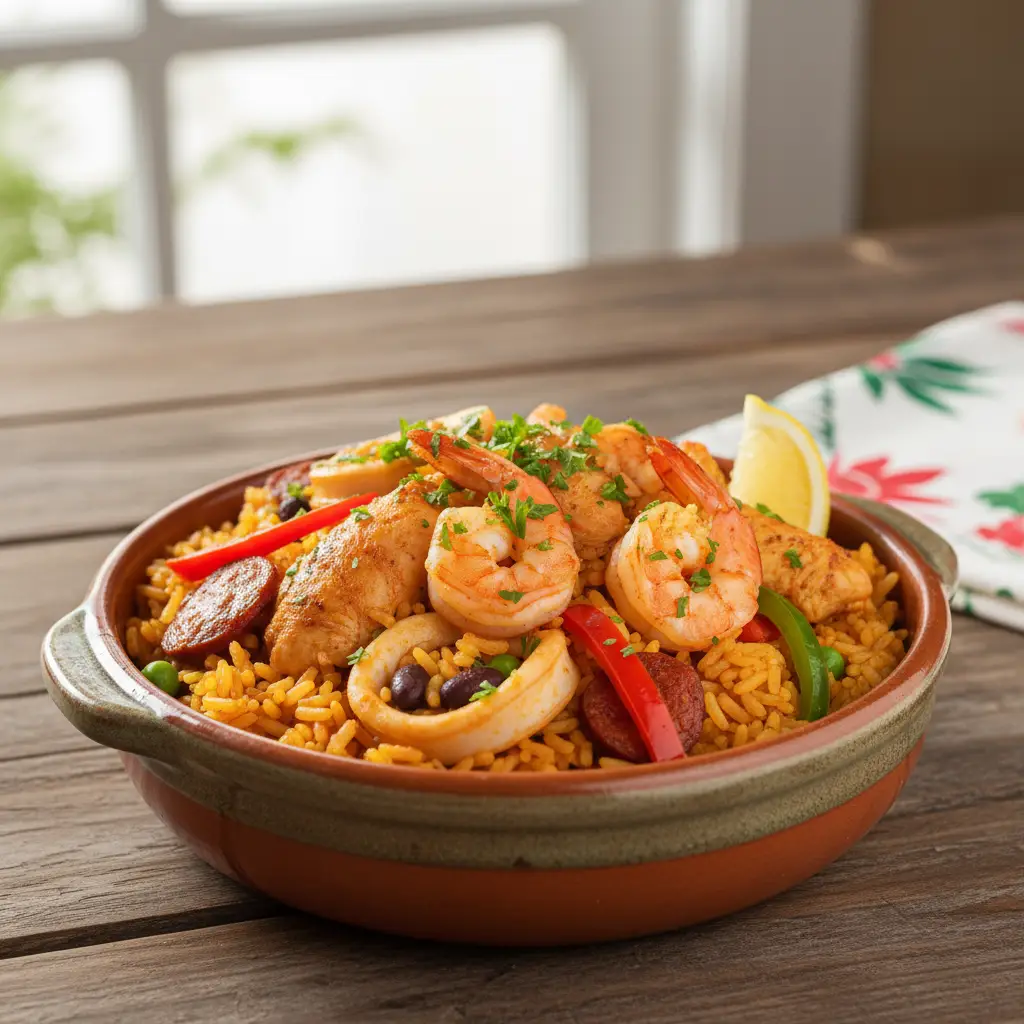 Paella cubana individual adornada con perejil y una rodaja de limón.