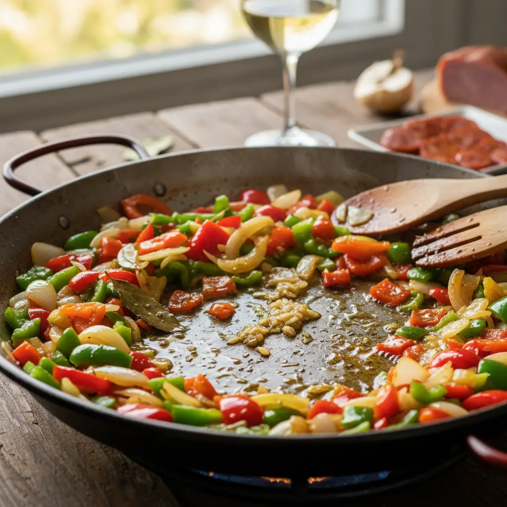 Sofrito de cebolla, pimiento y ajo cocinándose a fuego lento en aceite de oliva en una paellera.