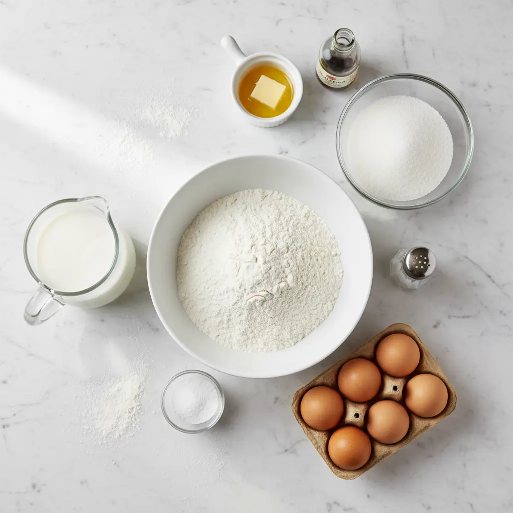 Ingredientes frescos para panetela cubana: harina, azúcar, huevos, leche, mantequilla, vainilla, levadura, sal.