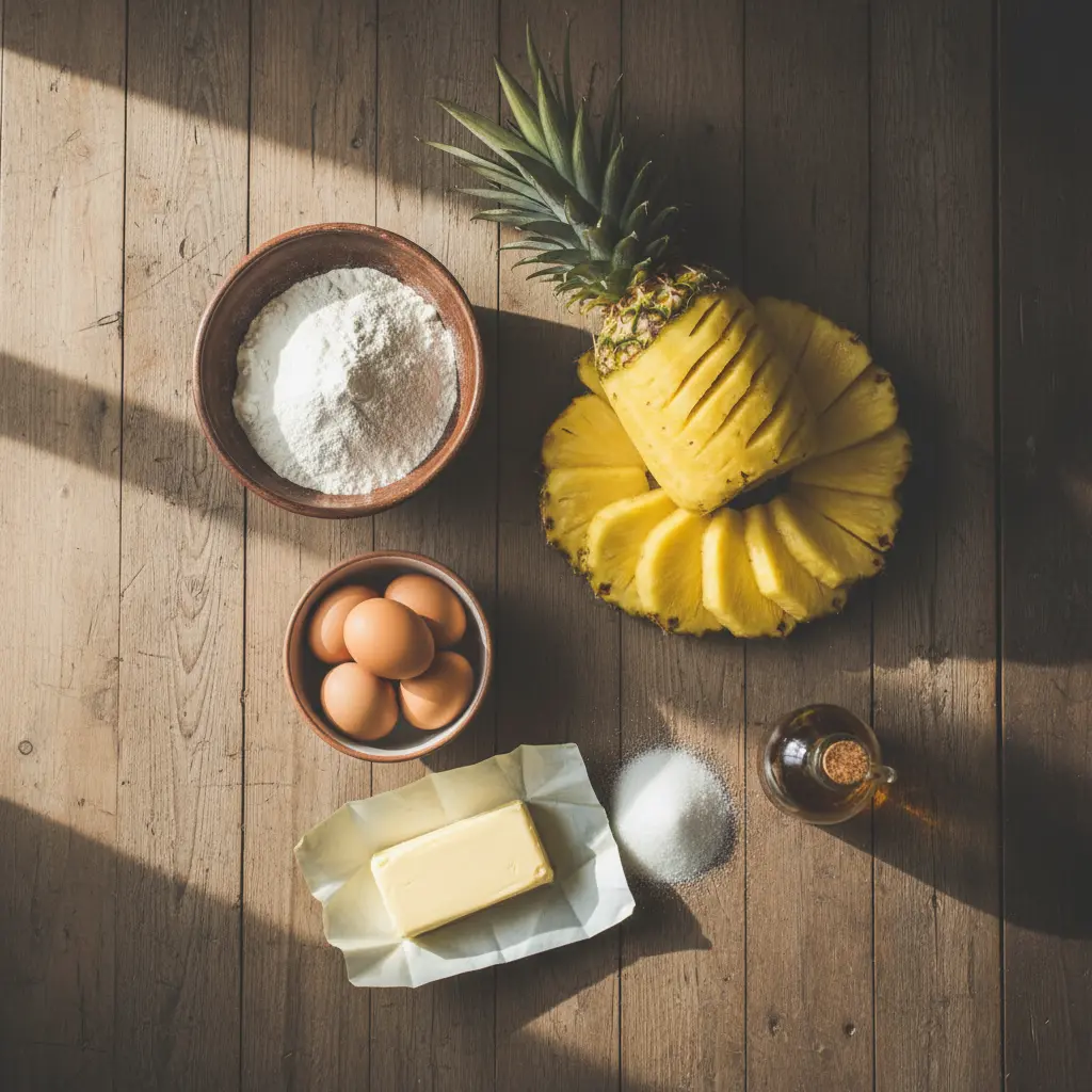 Ingredientes para pastel cubano de piña Ingredientes frescos para pastel cubano de piña: piña, harina, huevos, azúcar, mantequilla, vainilla.