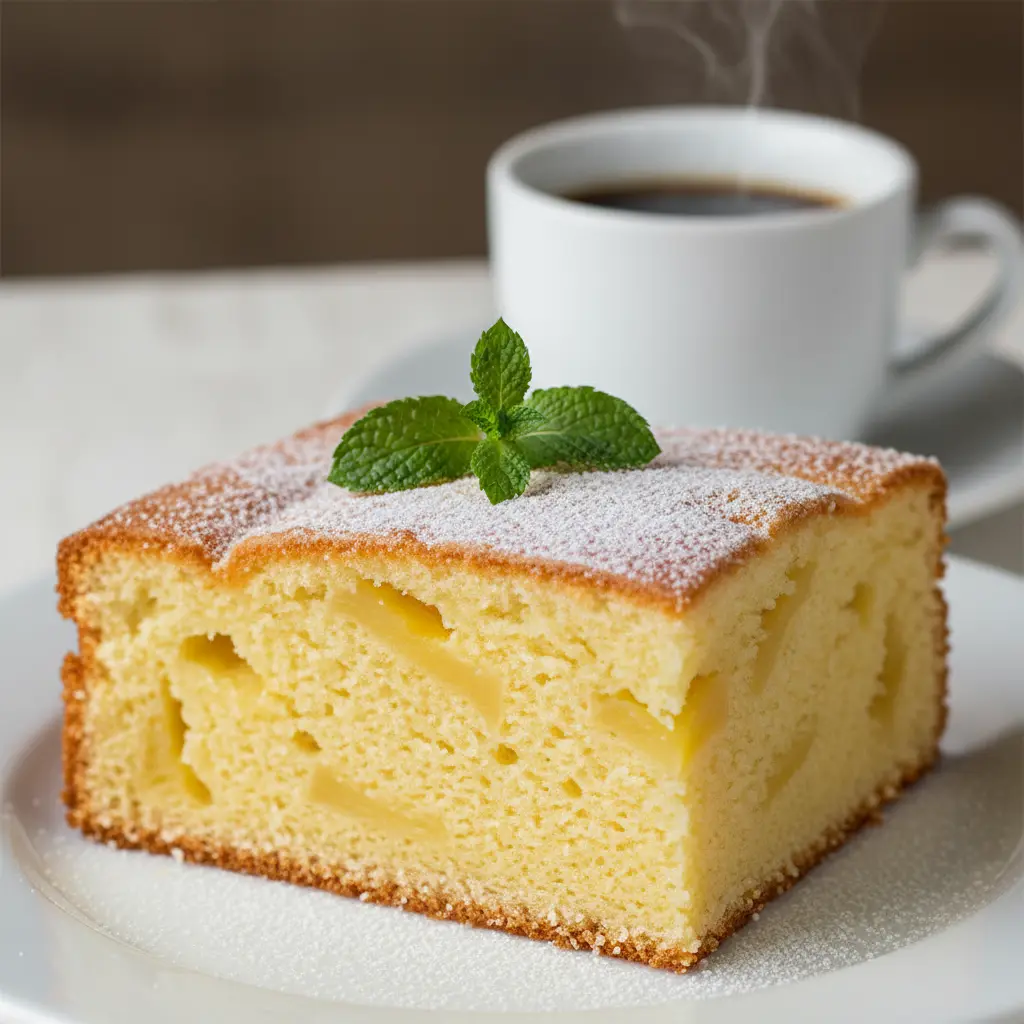 Dulce pastel cubano de piña con café Pastel cubano de piña panetela esponjoso, miga tierna, menta, azúcar glas, café cubano.