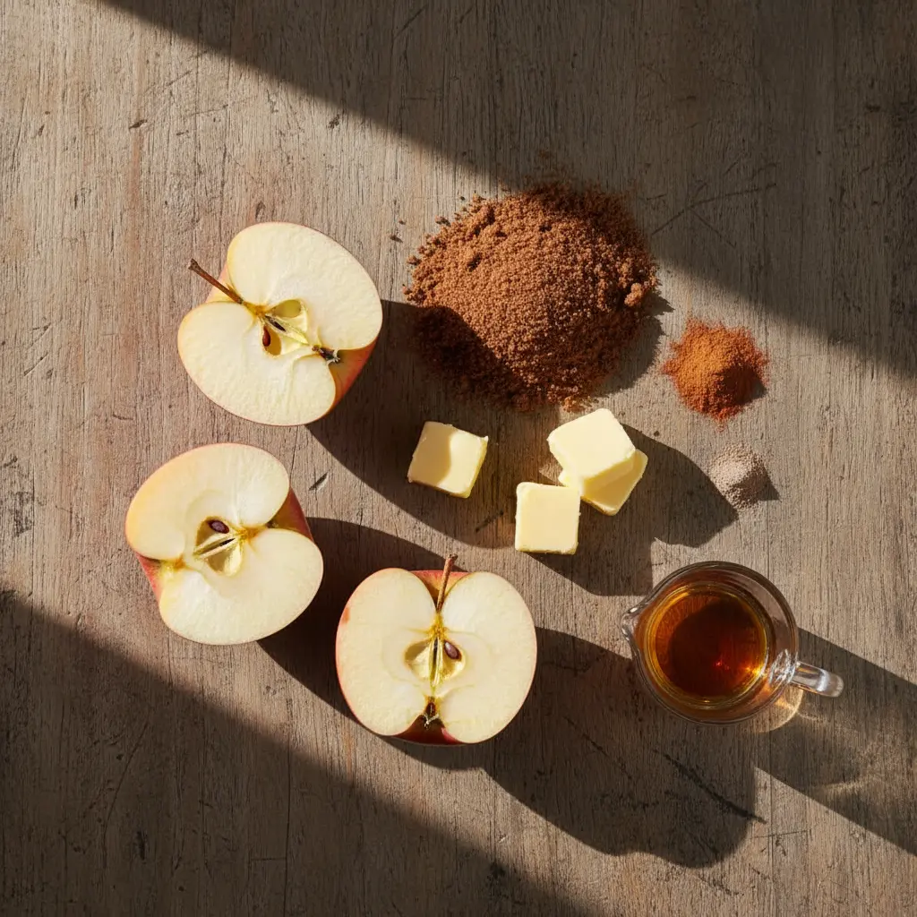 Ingredientes crudos para manzanas al horno cubanas: manzanas Fuji, azúcar moreno, canela, clavo, mantequilla, ron.